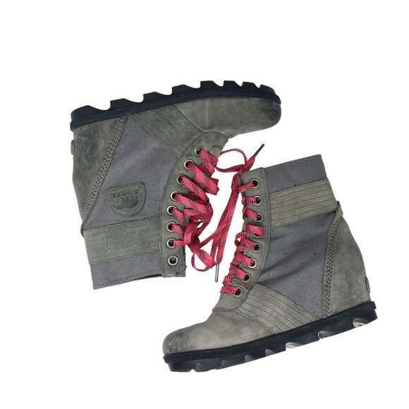Sorel Lexie Wedge Lace Up Boots Women’s Size 8.5 Leather Canvas Quarry Gray - Picture 4 of 15